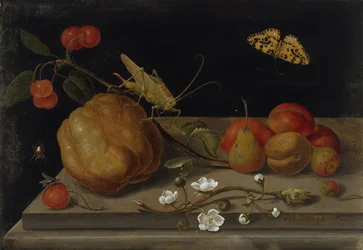 Stilleven met fruit, een sprinkhaan en een vlinder, tussen 1670 en 1680
