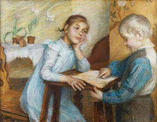 Een Interieur met een Jongen die Leest aan een Meisje, 1912