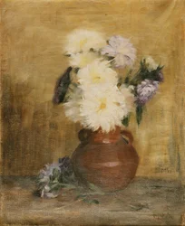 Asters in een Steengoed Kan op een Tafel