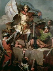 Graaf Berenguer III hijst de standaard van Barcelona op de toren van kasteel Foix