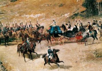 Koningin María Cristina en haar dochter, Isabel II, inspecteren de artilleriebatterijen die Madrid verdedigen in 1837 (detail), c. 1866