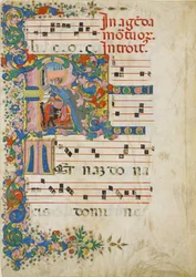 Manuscriptblad met een begrafenisstoet in een initiaal R, uit een Graduale, tweede helft 15e eeuw