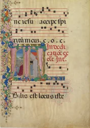 Manuscriptblad met de Inwijding van een Kerk in een Initiaal T, uit een Graduale, 2e helft 15e eeuw