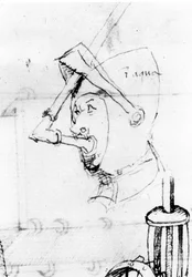 Tekening die de transformatie van een helm in een onderwatermasker weergeeft. Het vizier wordt gebruikt om de ademhalingsbuis vast te houden - in 