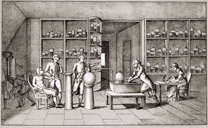 Antoine Laurent de Lavoisier (1743-1794), Franse chemicus die een experiment uitvoert over de ademhaling van een rustende man. Tekening door mevrouw Lavoisier. Parijs 18e eeuw. Leemage collectie.