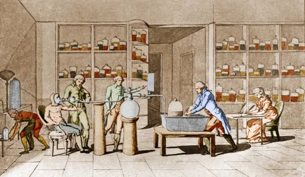 Antoine Laurent de Lavoisier (1743-1794), Franse chemicus, voert een experiment uit over de ademhaling van een rustende man. Naar een tekening van Mme Lavoisier. Parijs 18e eeuw. Leemage collectie