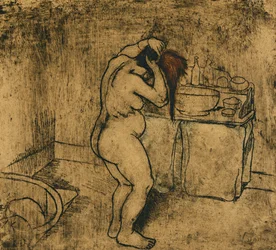 Catherine naakt, haar haar kammend, 1895