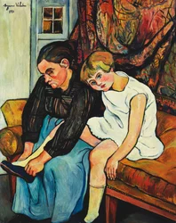 Grootmoeder trekt een meisje schoenen aan, 1931