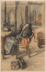 Interieur met zittende oude vrouw
