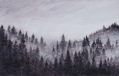 Landschap in een mistig bos – Origineel aquarelschilderij op structuurpapier door Marina Kozyr