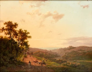 Herders en hun vee op een landweg, met een verre landschap