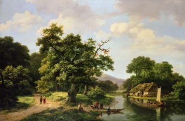 Bosrijk Rivierlandschap met Boeren die een Veerboot Lossen