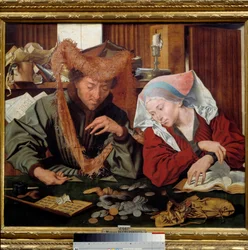 De geldwisselaar en zijn vrouw. Een echtpaar geldschieters telt en weegt geld. Schilderij van Marinus Claeszoon van Reymerswaele (1493-1567), 1538, Madrid, Museo del Prado