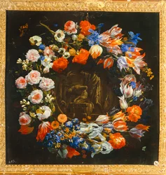 Bloemenkrans met in het midden het offer van Isaac