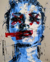 Blue Red Kate, 2024 (acryl en olieverf op omgekeerd doek)