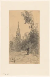 Ruiter en landschap met bomen en figuren