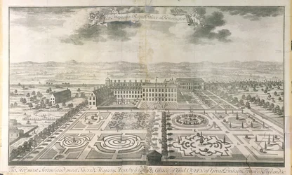 Vogelvlucht van de tuinen van Kensington Palace, gegraveerd door Johannes Kip (c.1652-1722) gepubliceerd door J. Smith, 1724