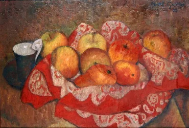 Appels en peren op een rood kleed