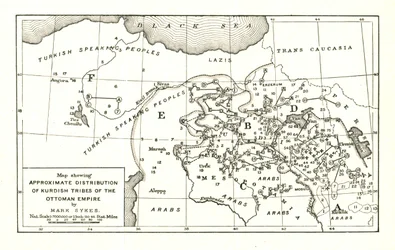 Kaart met de geschatte verspreiding van Koerdische stammen in het Ottomaanse Rijk, ca. 1915.