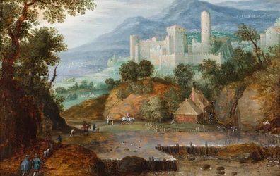 Een berglandschap met reizigers die een kasteelgebouw met ronde toren naderen (olieverf op paneel)