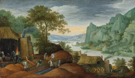 Een rotsachtig landschap met figuren bij een ijzergieterij, een rivier en huizen aan de overkant