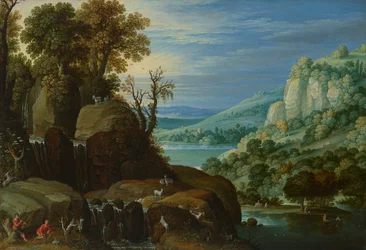 Een uitgestrekt rivierlandschap met geitenhoeders die pijpen spelen naast een waterval, een ver uitzicht op een meer en een stad daarachter