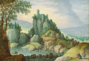 Panoramisch landschap met een rivier, kasteel op een rots en watermolen eronder