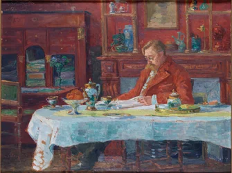 Émile Verhaeren 1855-1918 aan de tafel, 1900