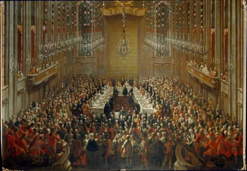 Banket ter gelegenheid van het huwelijk van Keizer Jozef II en Isabella van Parma op 06/10/1760. Met Mozart in het orkest