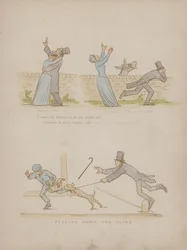 Pagina uit de Humours of Cynicus (gekleurde gravure)