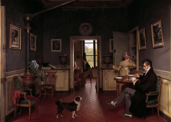 Interieur van een eetkamer in 1815. Een man op pantoffels ontbijt voor de ogen van de hond.
