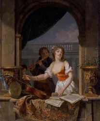 Een jonge dame die naar een gitaar reikt bij een stenen vensterbank en een jongen die de fluit speelt daarbuiten