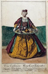 Een koffiezetter: een jonge vrouw die een dienblad draagt met een koffieservies. Gravure door Martin Engelbrecht (1684-1756) 18e eeuw. Parijs, Decoratieve Kunsten