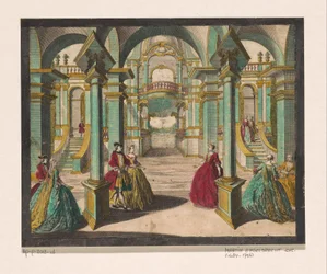 Gezicht op het interieur van een paleis, met verscheidene rijk geklede dames en heren