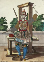 Fabrikant van gekleurd papier, gravure uit Assemblage des nouveau manouvries habilles door Martin Engelbrecht, Duitsland