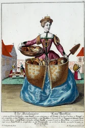 Beroep: Een bakker. Gravure door Martin Engelbrecht (1684-1756), in "Nieuwe verzameling van de geklede handwerkslieden" 18e eeuw, Duitsland. Parijs, Decoratieve Kunsten