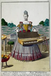 Vrouw van de orgelmaker, gravure uit Assemblage des nouveau manouvries habilles door Martin Engelbrecht (1684-1756), Duitsland