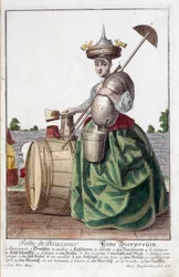 Voorstelling van de vrouw van een brouwer, met een trechter op haar hoofd, een graanzak, een kom, een emmer, een biervat. Gravure door Martin Engelbrecht