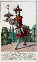 De banketbakker: een jonge man met een dienblad met snoep en banket. Gravure door Martin Engelbrecht (1684-1756) 18e eeuw. Parijs, Decoratieve Kunsten