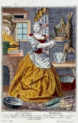 De kok. Gravure door Martin Engelbrecht (1684-1756), in Nieuwe verzameling van de manouvries habilles 18e eeuw, Duitsland. Parijs, Decoratieve Kunsten