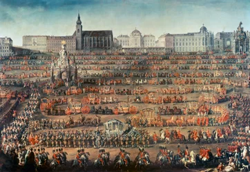 Ceremoniële intocht van Isabella van Parma in Wenen om bruid van Keizer Jozef II te worden