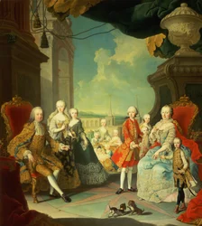 Maria Theresia en haar Echtgenoot bij de trap die leidt van de Grote Zaal van Schloss Schönbrunn naar de grote binnenplaats, met hun kinderen Joseph II, Karl, Leopold II, Ferdinand, Mariana, Elisabeth