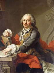 Portret van de kunstenaar, halflang, zittend voor een stenen rand