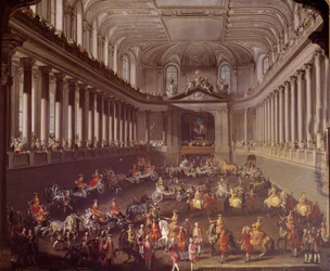 Carrousel van de Spaanse manege van Wenen ter viering van de Franse nederlaag in Praag in 1763, Marie Therese van Oostenrijk op het witte paard
