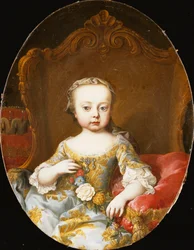 Portret van Zijn Zus, de Aartshertogin Maria Christine, Zittend, Driekwart Lengte, in een Goud Geborduurde Blauwe Jurk met een Bloemenguirlande