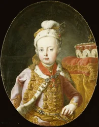 Portret van Aartshertog Jozef, Later Keizer Jozef II van Oostenrijk, Halve Lengte, in een Goud Geborduurde Roze Fluwelen Jas met Hermelijnen Rand, een Gevederde Hoed Versierd met een Broche en het Draagkruis van de Orde van het Gulden Vlies