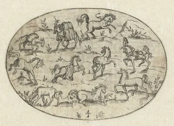 Ovaal met acht paarden en twee ezels