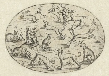 Ovaal met honden, geiten en konijnen