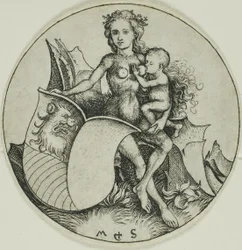 Schild met leeuwenkop, vastgehouden door een wilde vrouw