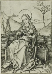 De Madonna met kind op een grasbank